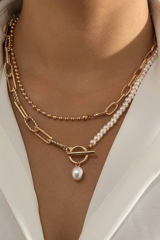 PEARL MIX DOUBLE LAYER TOGGLE NECKLACE