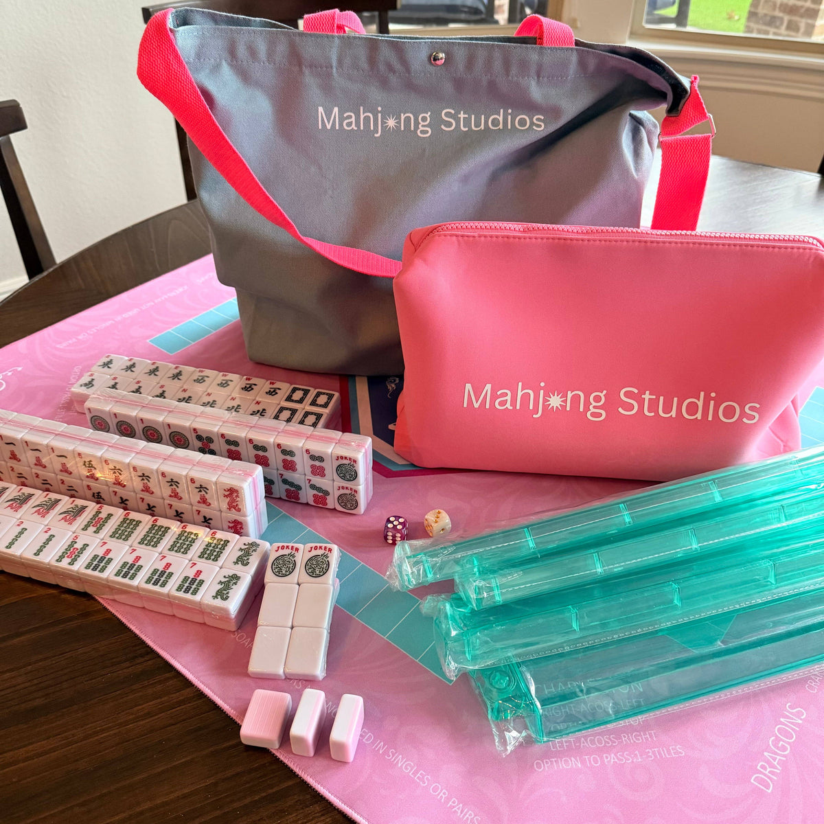 All In One - Mahjong Bundle - American Mahjong Set 166 2-Color Tiles - Pink Tiles and Mat