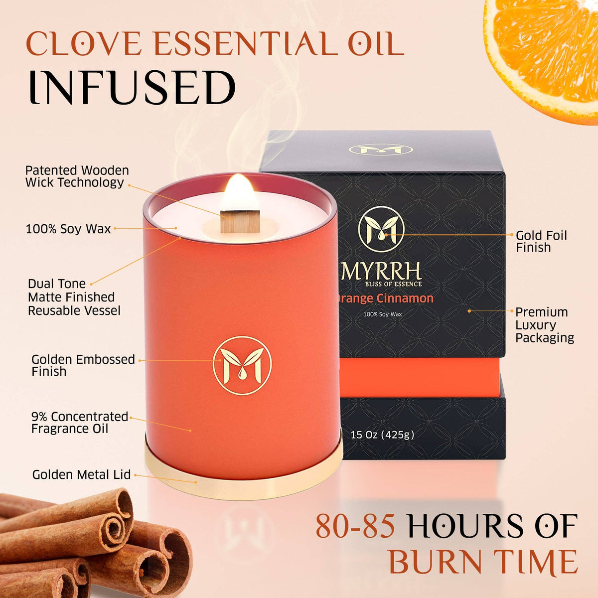 Orange Cinnamon 100% Soy Wax Crackling Wood Wick Candle
