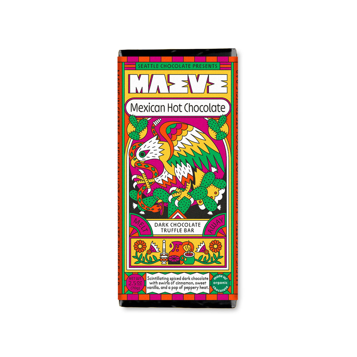 Colorful packaging of Maeve Mexican Hot Chocolate on a white background
