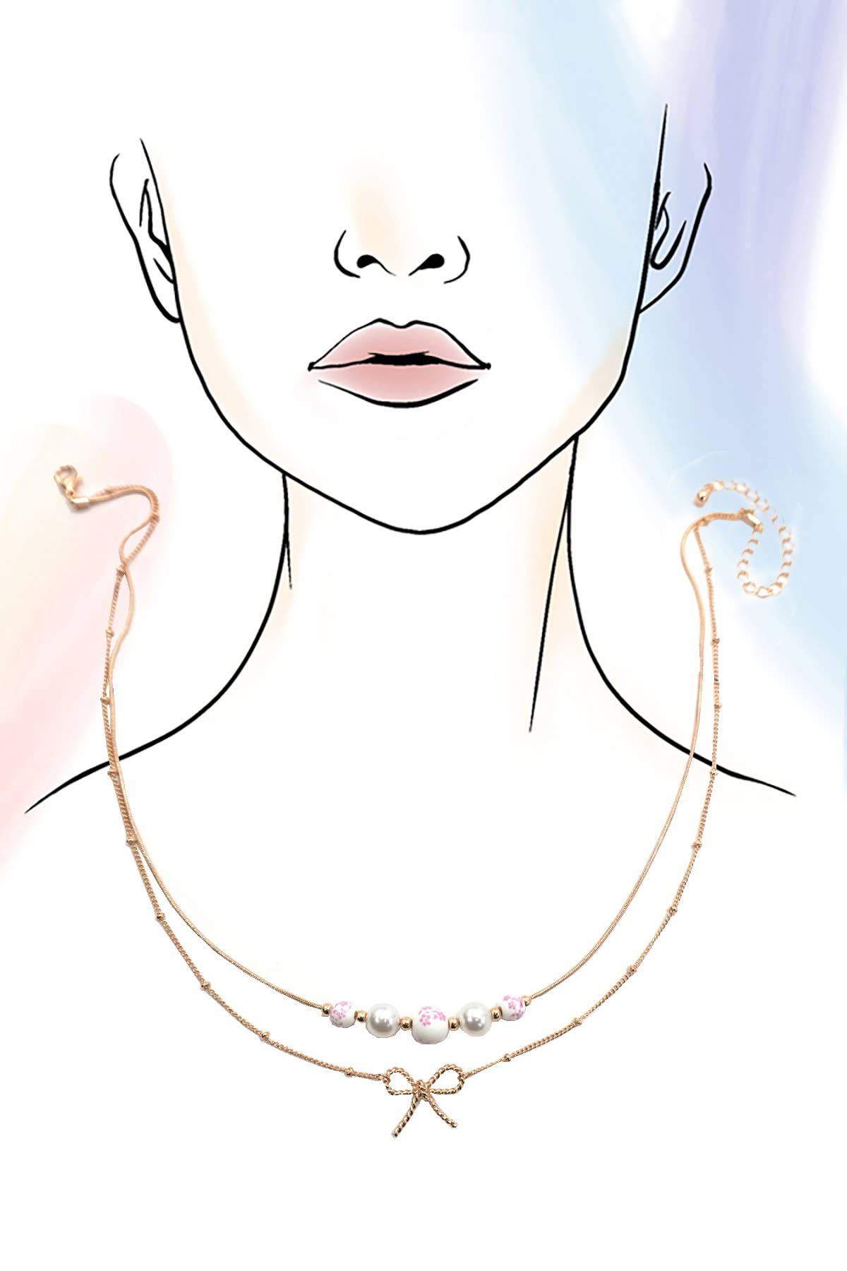PINK CERAMIC PORCELAIN PEARL BOW LAYER NECKLACE