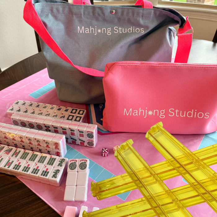 All In One - Mahjong Bundle - American Mahjong Set 166 2-Color Tiles - Pink Tiles and Mat